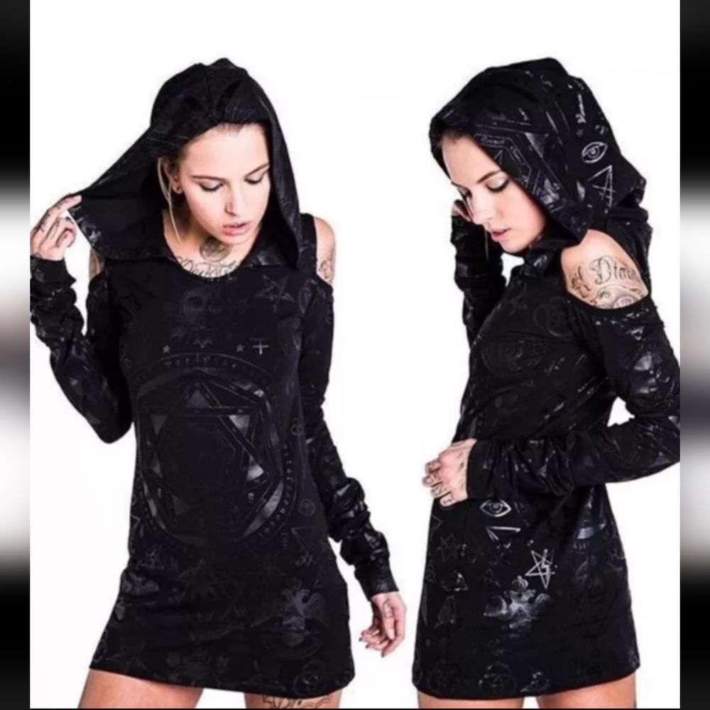 Occult Hood Cold Shoulder Black Moon Witchy Goth sz M